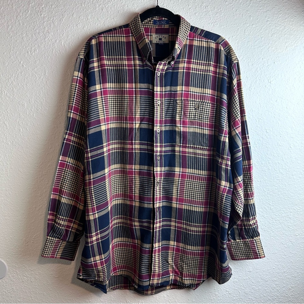 Cutter & Buck Men's Button-Down Flannel Navy, Magenta and Beige